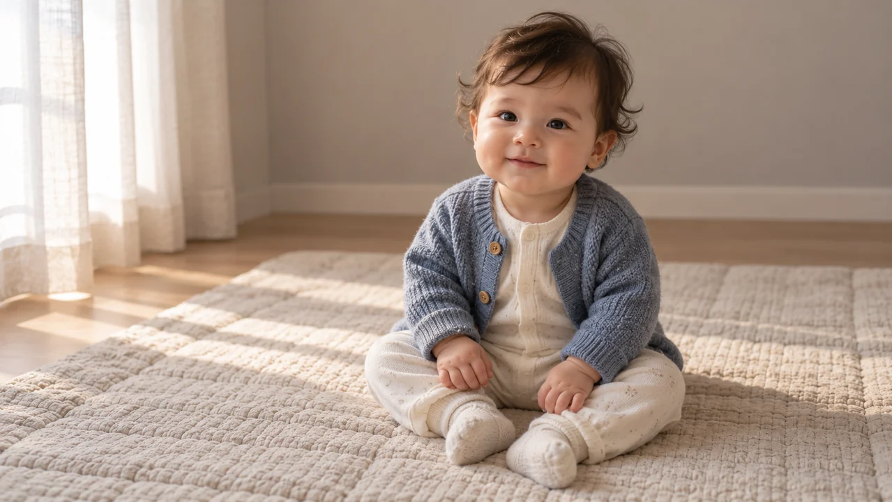 A fictional baby in a blue cardigan and ivory outfit sits on a padded mat with an attentive expression.