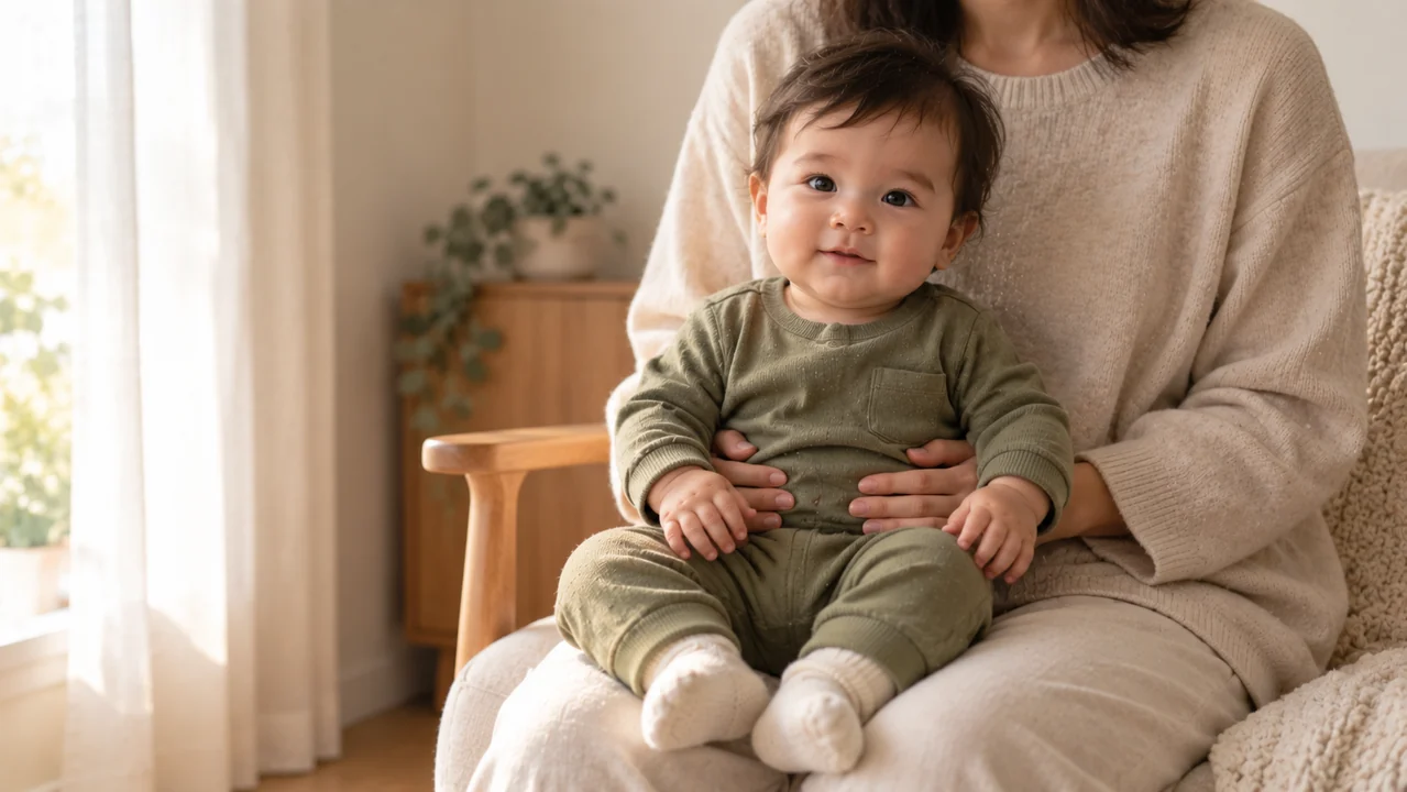 A fully dressed fictional baby sits on an adult's lap with hands, cuffs, and socked feet clearly visible.