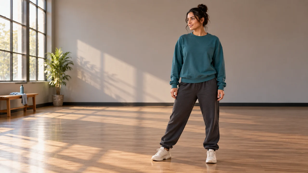 An adult dancer in a teal sweatshirt and charcoal joggers stands ready on a clear wooden studio floor.