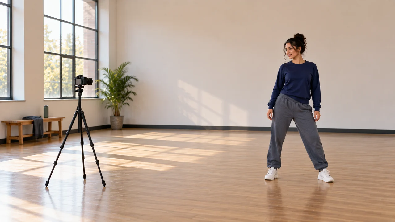 A fully clothed adult dancer stands across an open studio floor from a compact camera on a complete tripod.