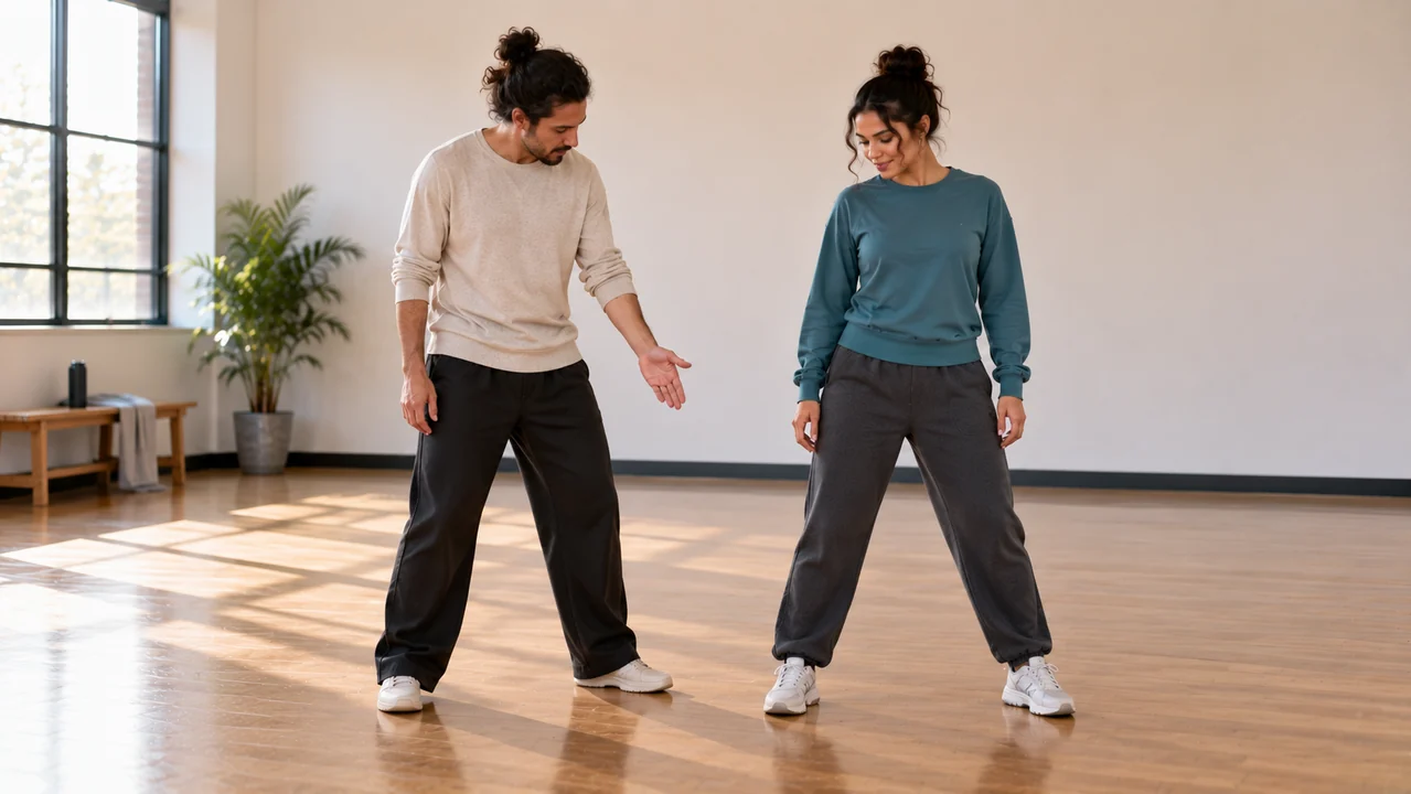A dancer and an adult rehearsal partner look at the dancer’s settled foot placement in an uncluttered studio.