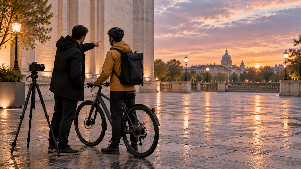 A creator points across an empty plaza while a cyclist holds a bicycle and prepares to follow the chosen route.