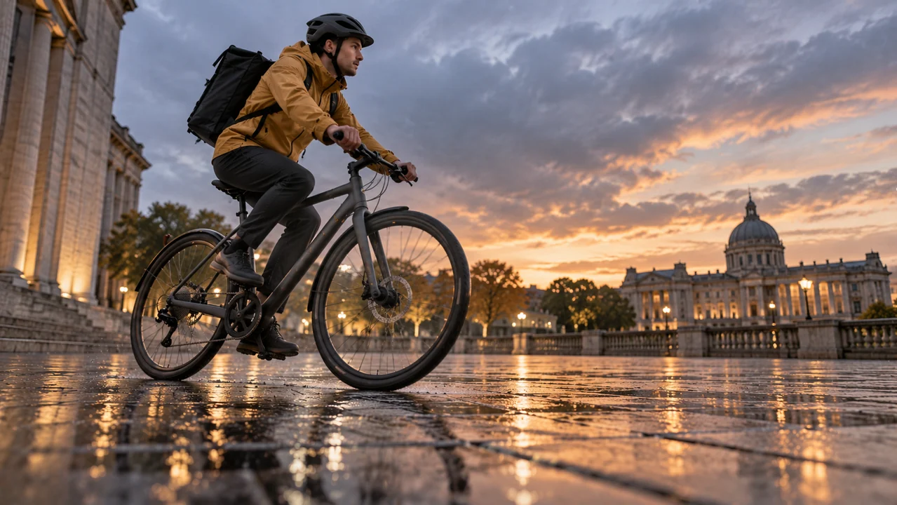A low viewpoint captures an ochre-jacketed cyclist crossing wet paving, with the front wheel prominent and the rider fully visible.
