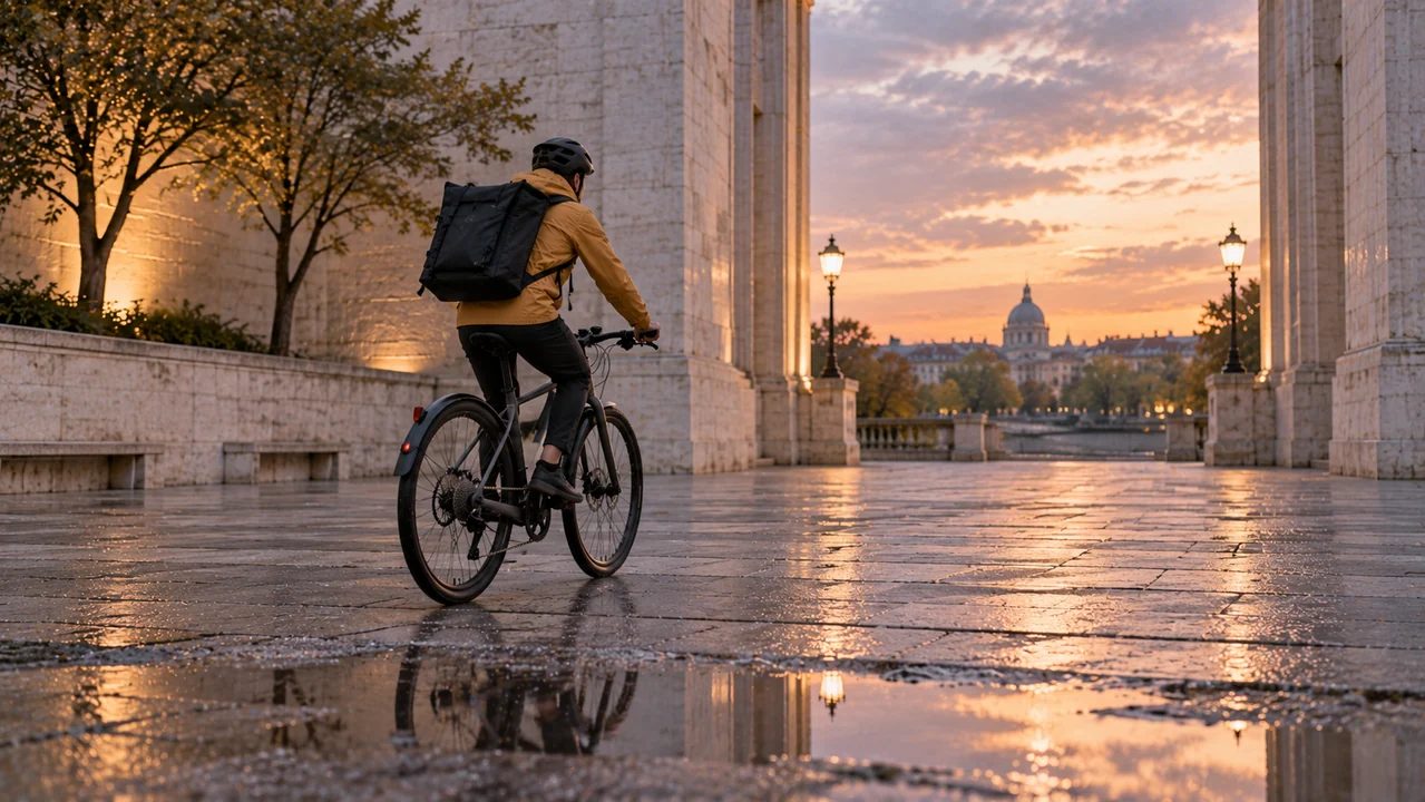 A courier rides beyond a foreground puddle toward an open passage at the far edge of a quiet evening plaza.