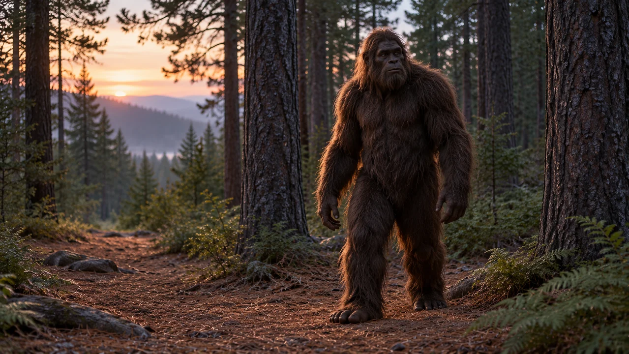 A fictional shaggy forest creature stands fully visible between two pine trunks at dusk.