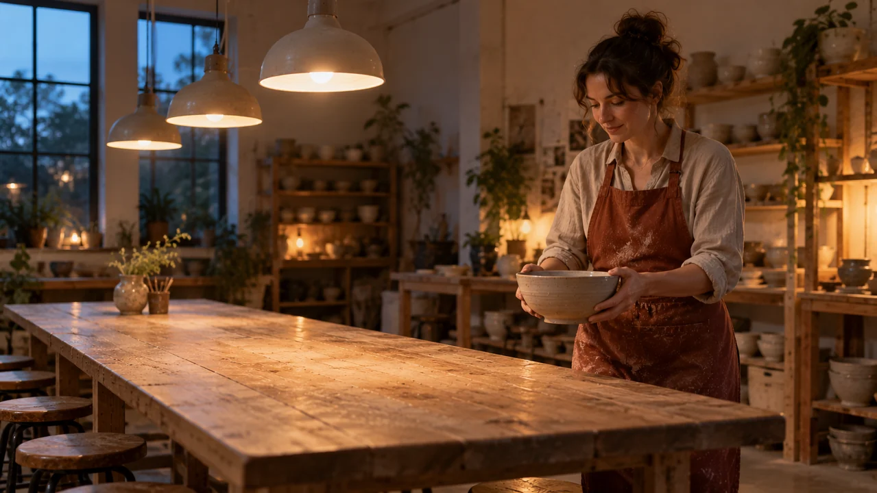 A studio owner carries a ceramic bowl toward a clear communal table in a small evening pottery workshop.