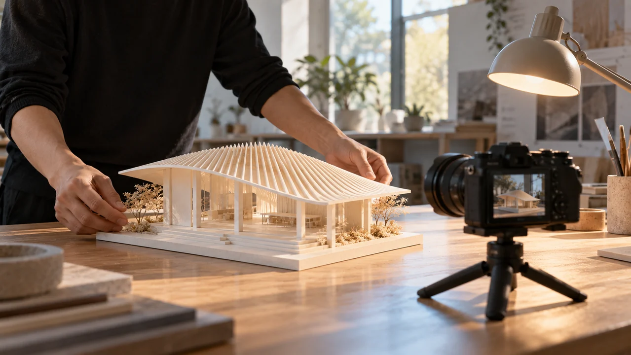 A designer adjusts a miniature canopy model on a worktable beside a camera positioned to frame its open interior.