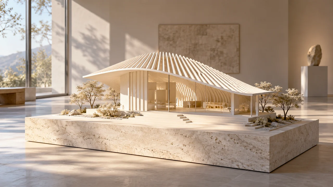 Sunlight passes through the roof fins of an ivory pavilion model on a pale gallery plinth.