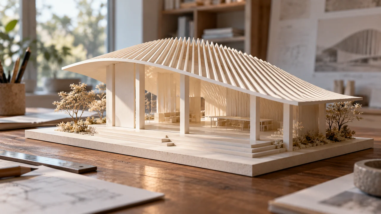 Close view of evenly spaced roof fins and straight supports on a handmade architectural pavilion model.