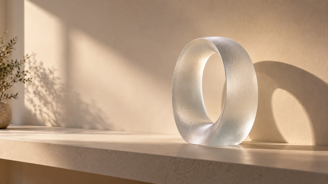 A frosted glass loop casts a continuous curved shadow across a neutral wall with clear space beside it.