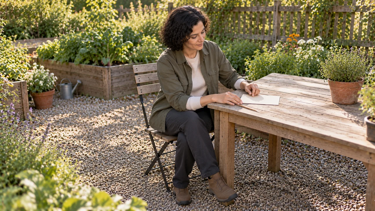 A coordinator prepares a blank card and plain pencil at an outdoor table beside a small herb pot.