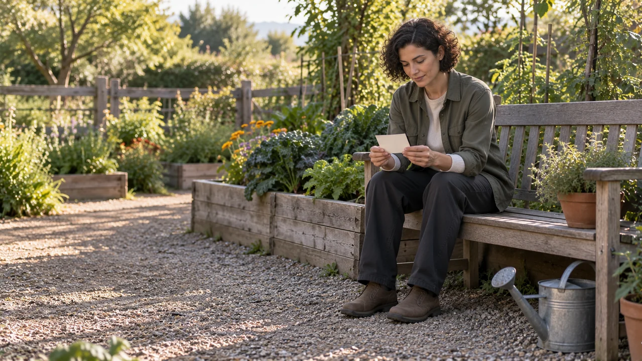 A garden coordinator considers a blank card while seated on a wooden bench beside planted beds.