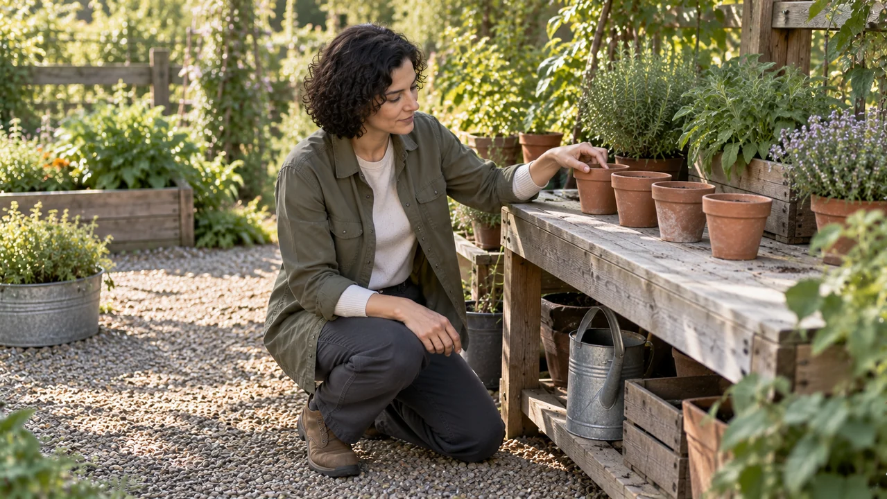 A coordinator checks separate terracotta pots on a low garden bench with one careful pointing gesture.