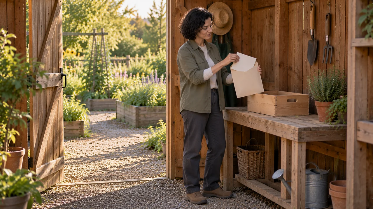 A coordinator files a blank sheet in an unmarked envelope beside a wooden box at a garden shed bench.