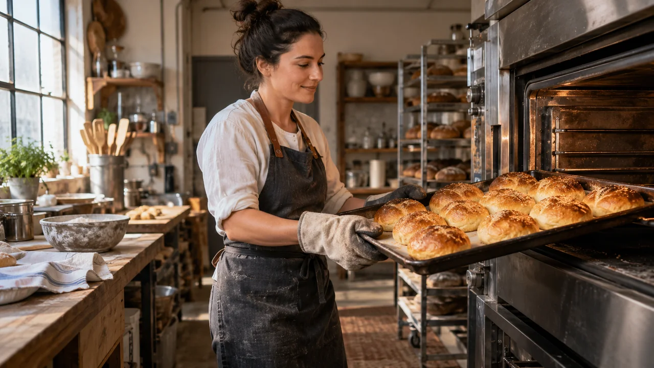 A baker lifts a tray of golden bread rolls in a cozy bakery kitchen, wide editorial frame.