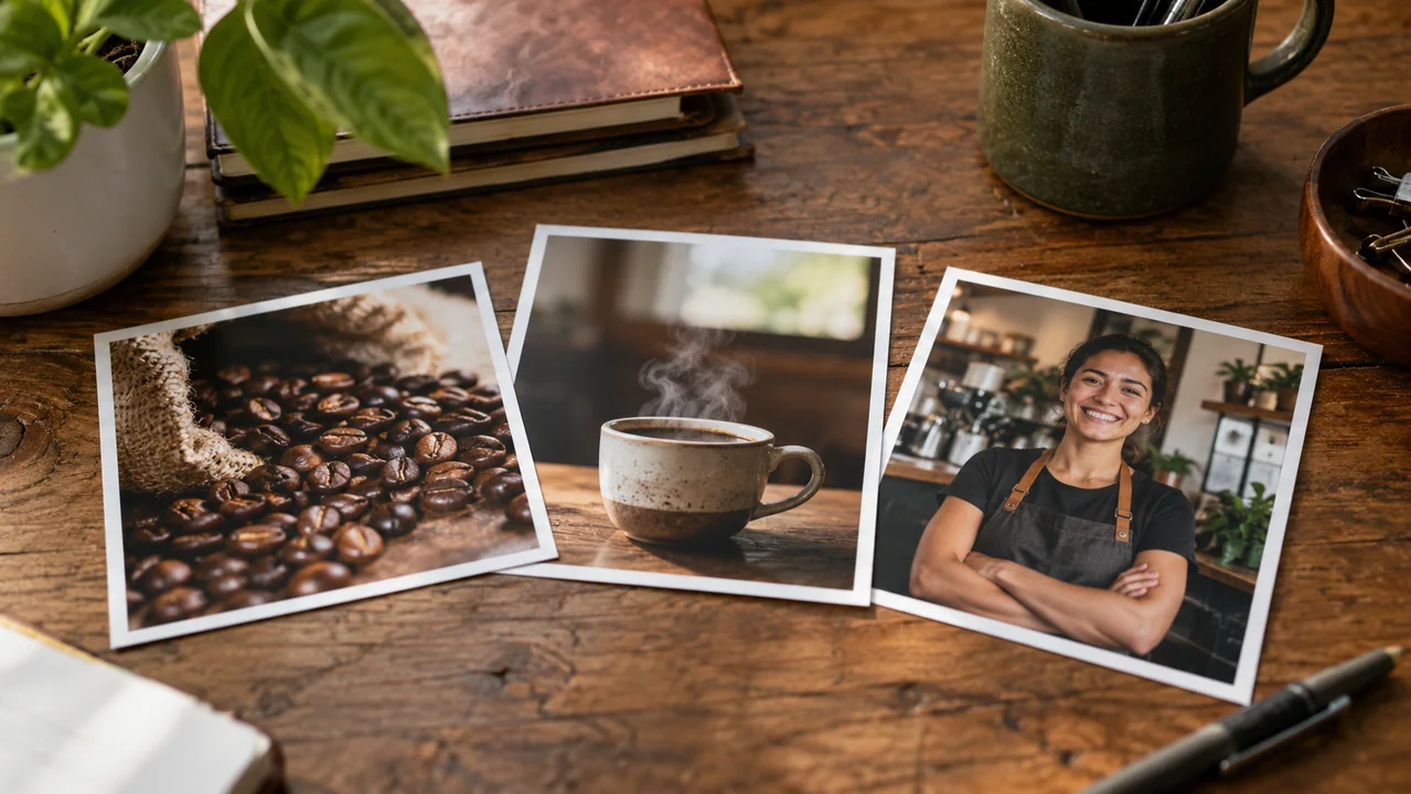 A simple storyboard of three separate photograph prints: coffee beans, steaming mug, smiling cafe owner arranged on a desk.