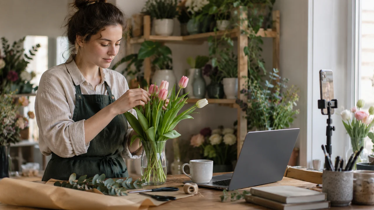 A florist arranges tulips beside a laptop, phone and studio window.
