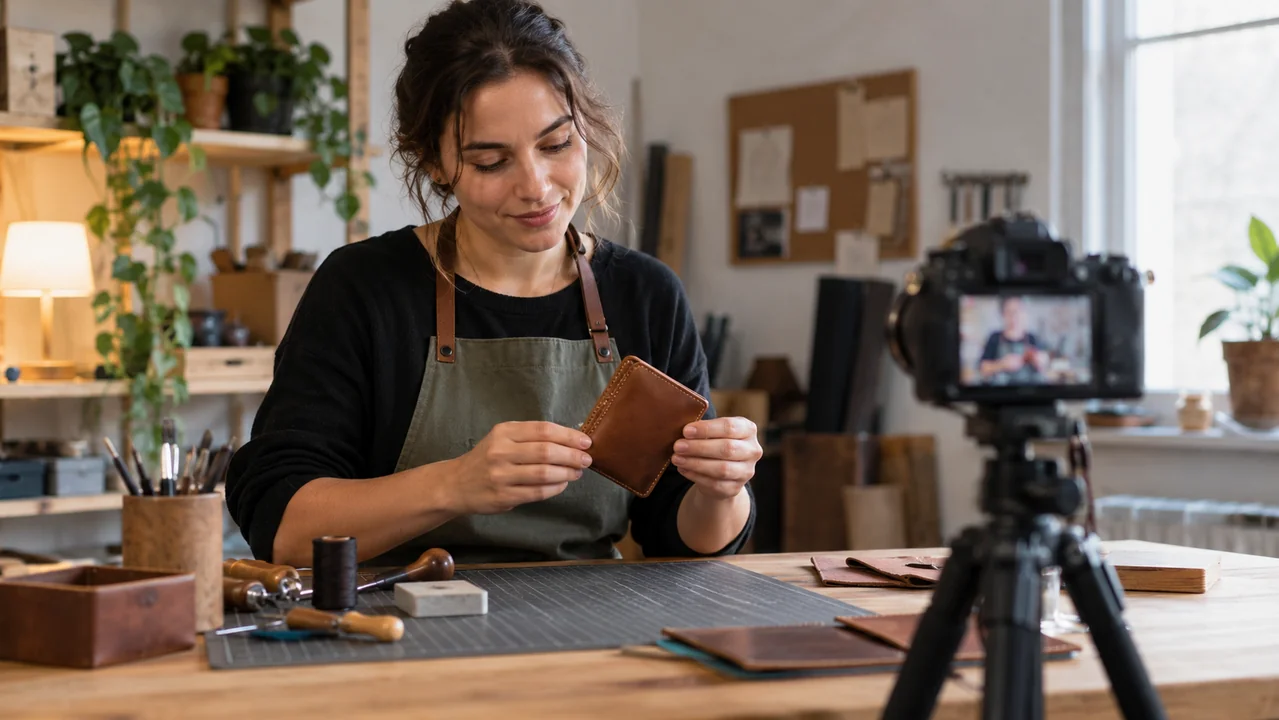 A creator prepares a small handmade leather wallet on a platform in front of a tripod camera.