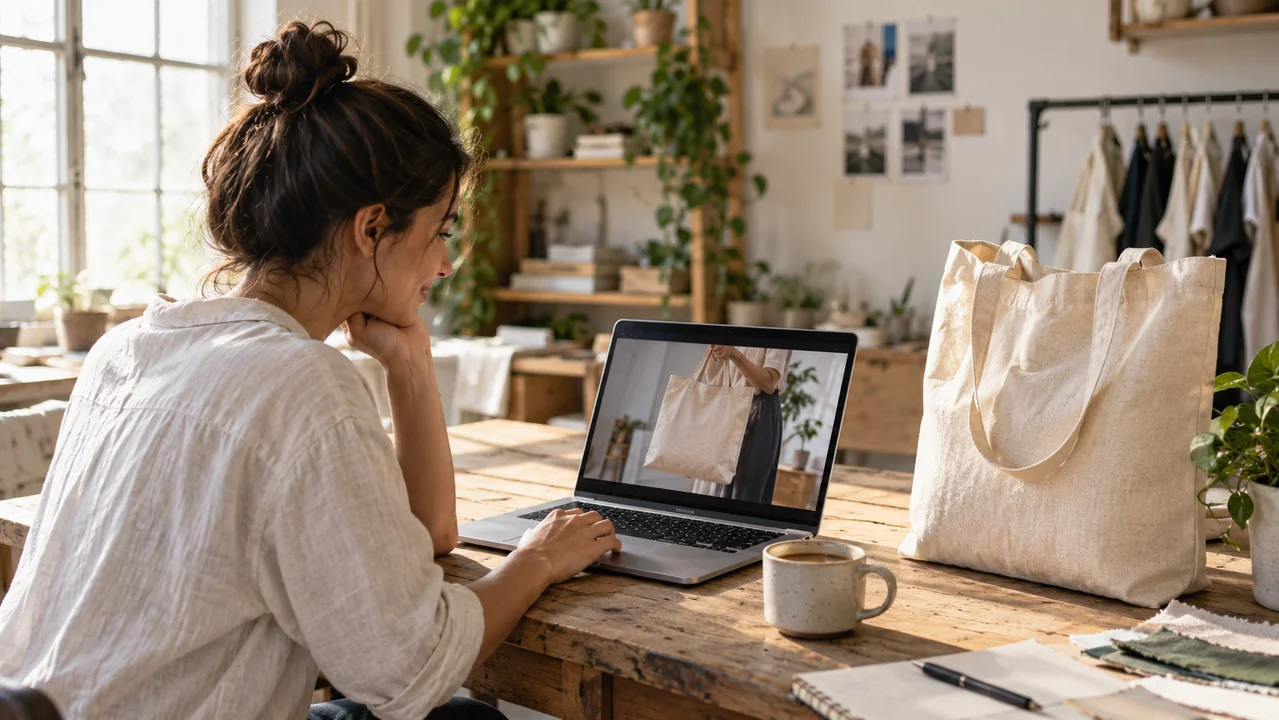 A female small business creator reviews a five-second tote bag video on a laptop beside an actual canvas tote in a sunlit studio.