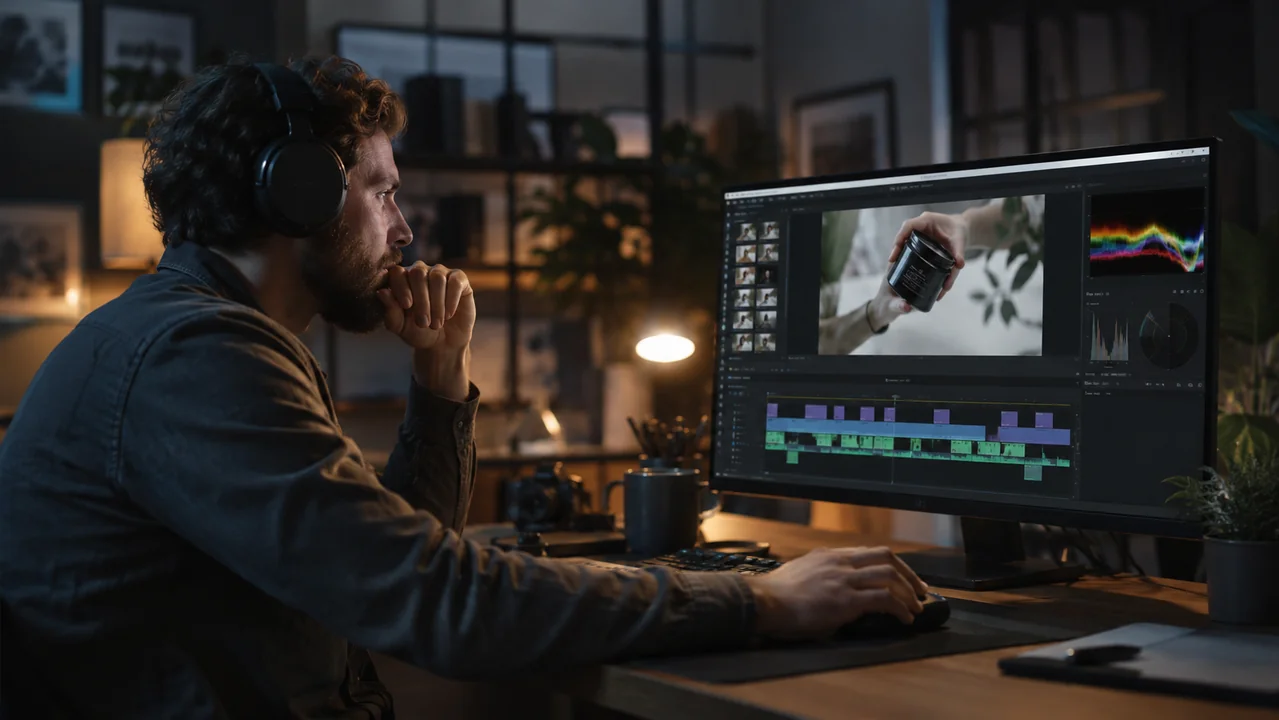 An adult editor listens with headphones while reviewing a product clip in a dim calm studio.