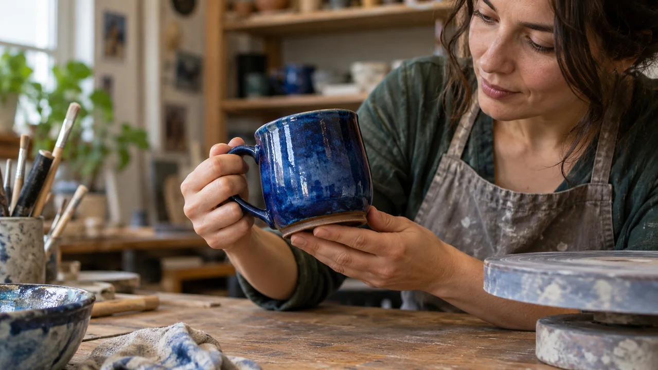 Close-up of a handmade cobalt ceramic mug being gently rotated by a potter at a wooden workbench.