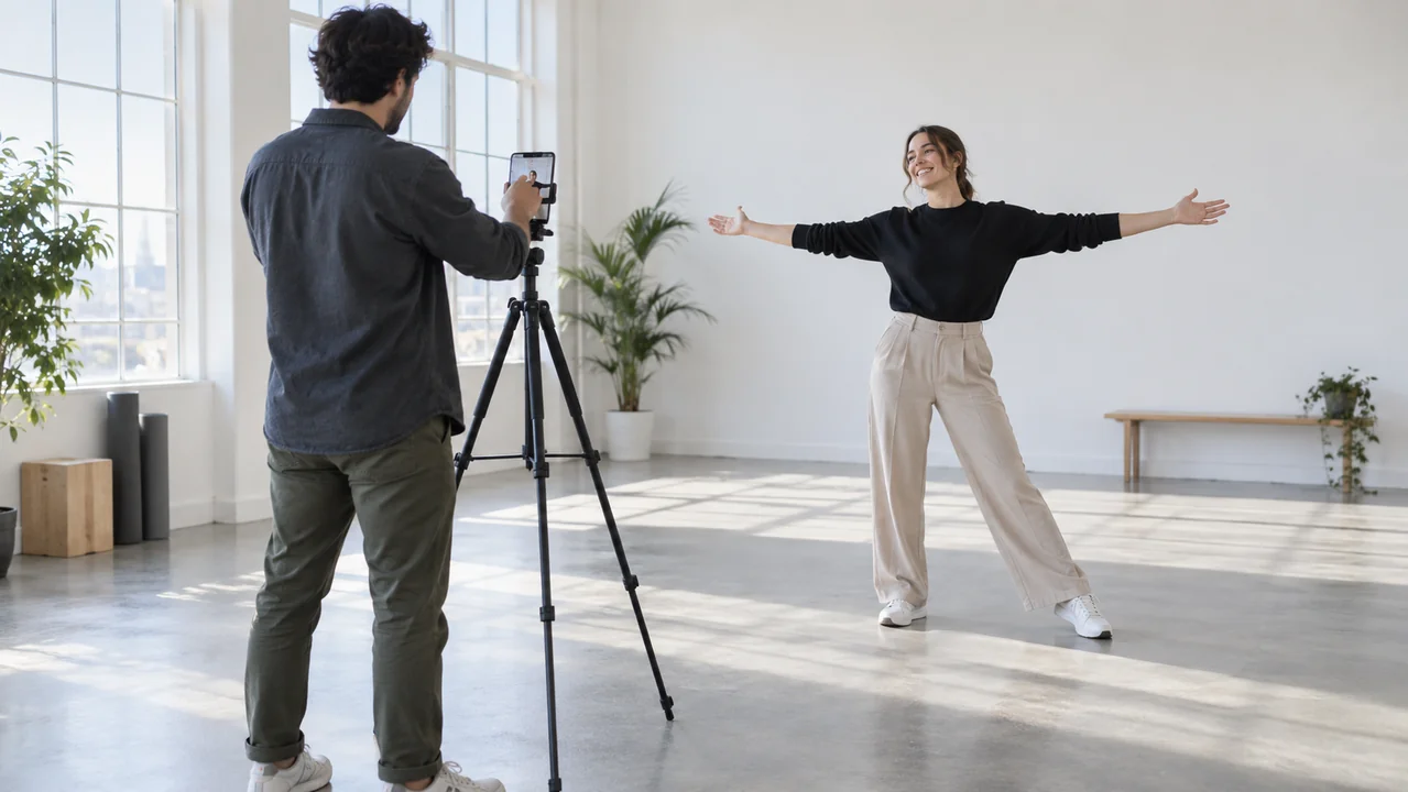 A creator records an adult dance demonstration with a tripod mounted phone.