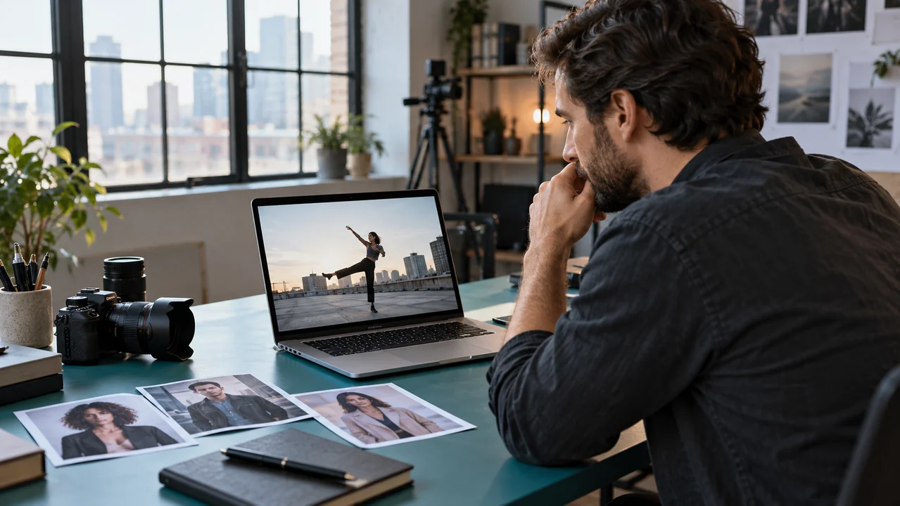 A video maker reviews rooftop footage beside a camera and portrait prints.
