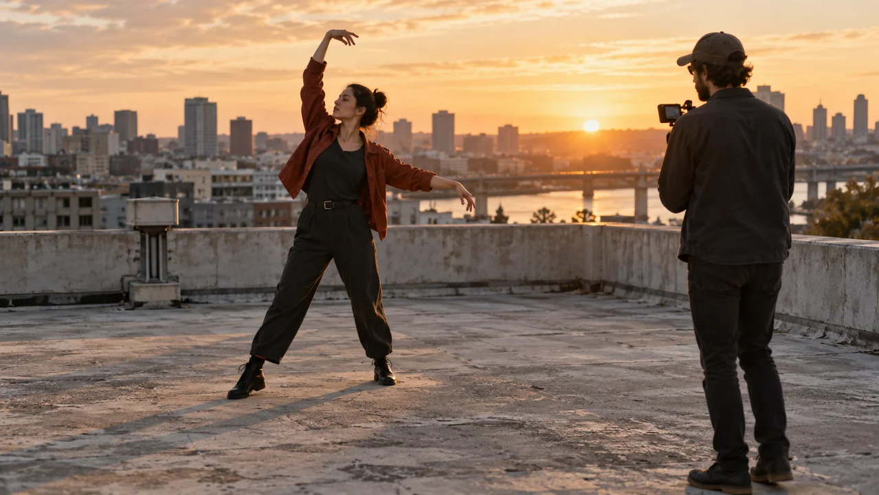 A dancer rehearses an open arm gesture on a rooftop at sunset.
