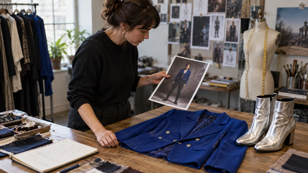 A stylist compares a portrait with a cobalt jacket and silver boots.