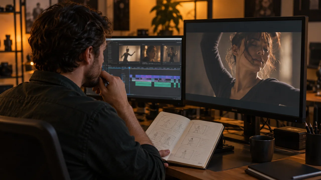 An editor checks a dance closeup against a continuity notebook.