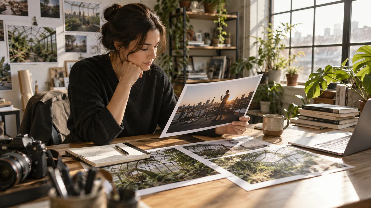 A location scout compares rooftop and greenhouse reference photographs.
