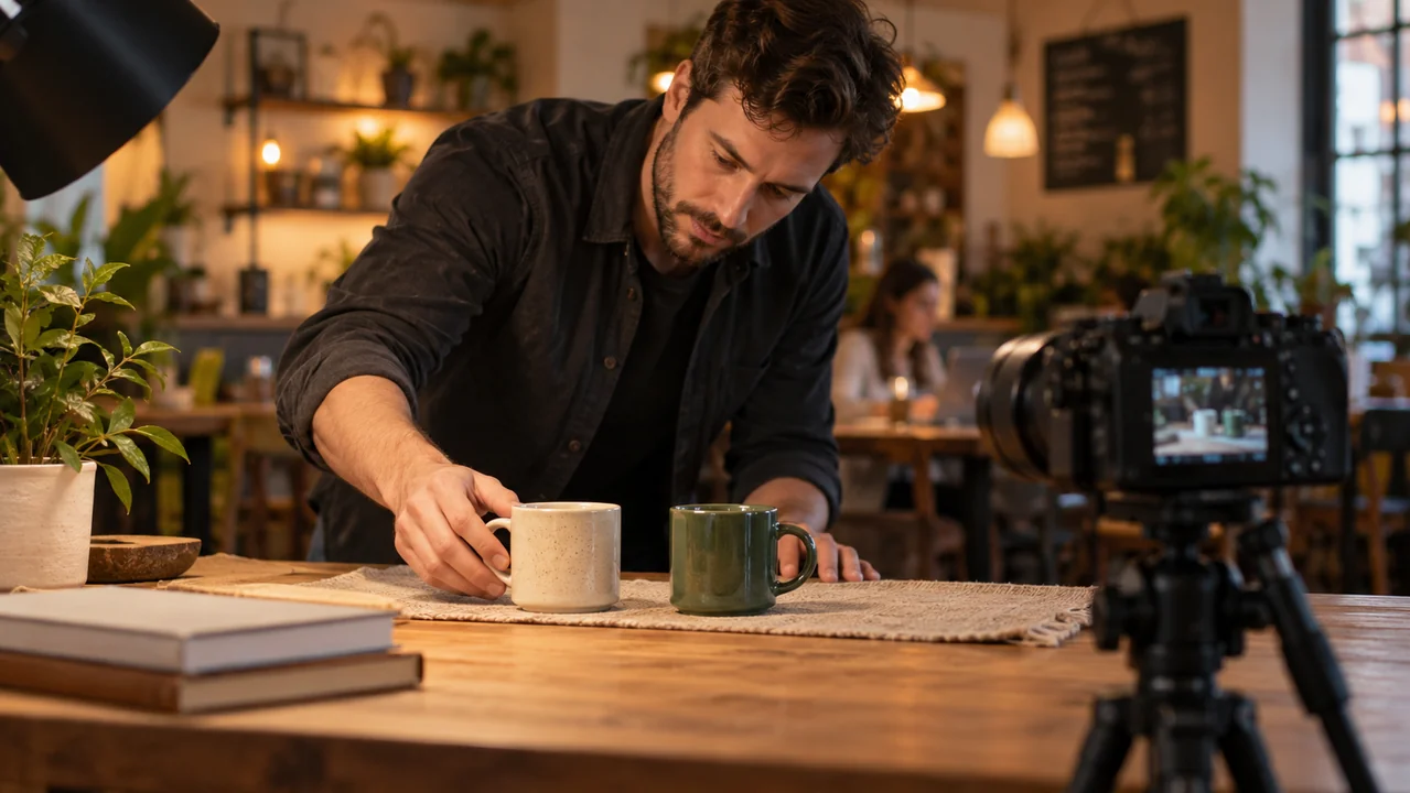 A videographer prepares cream and green mugs for a tabletop shoot.