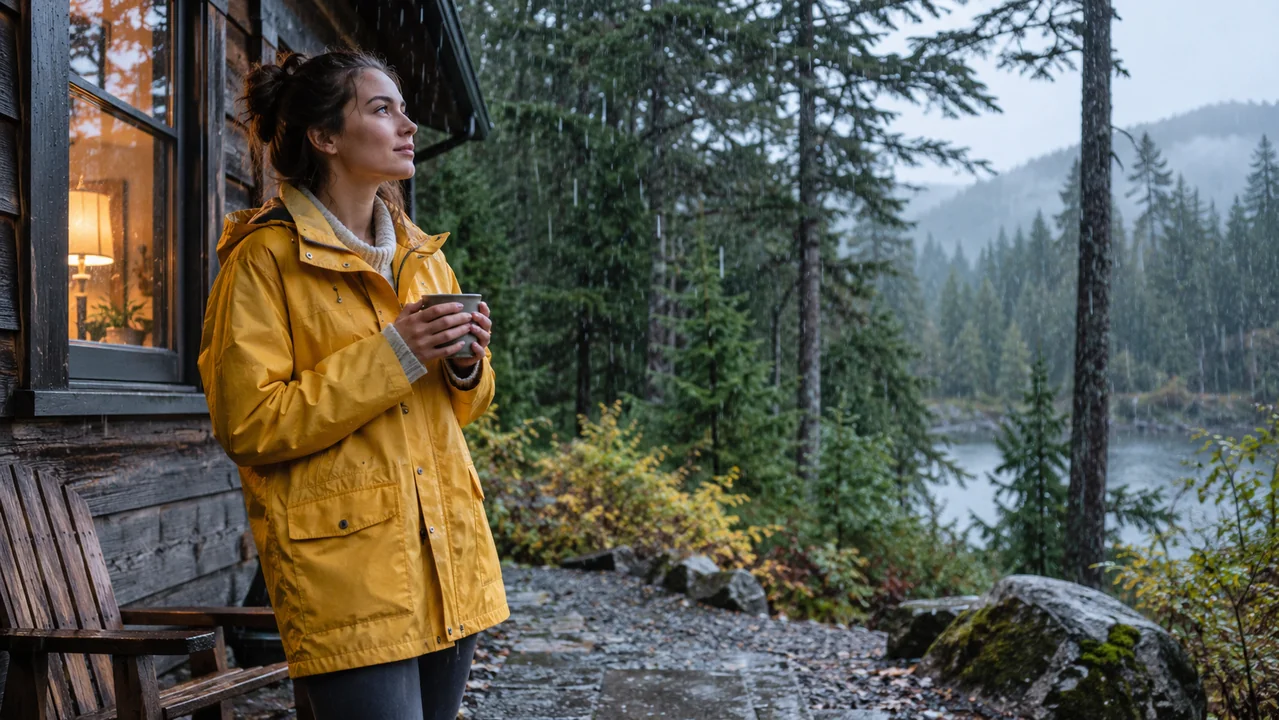 A fictional woman in a yellow raincoat pauses beside a forest cabin in gentle rain.