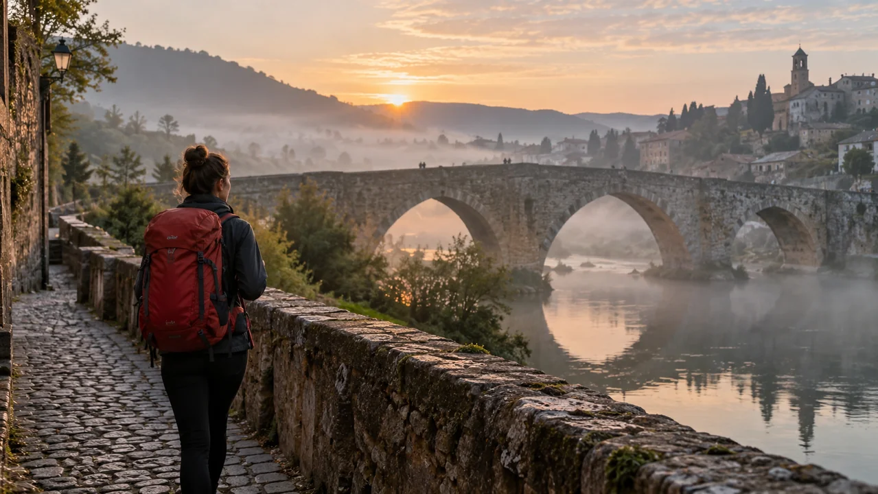 A fictional young traveler carrying a red backpack walks beside a misty stone bridge at dawn.