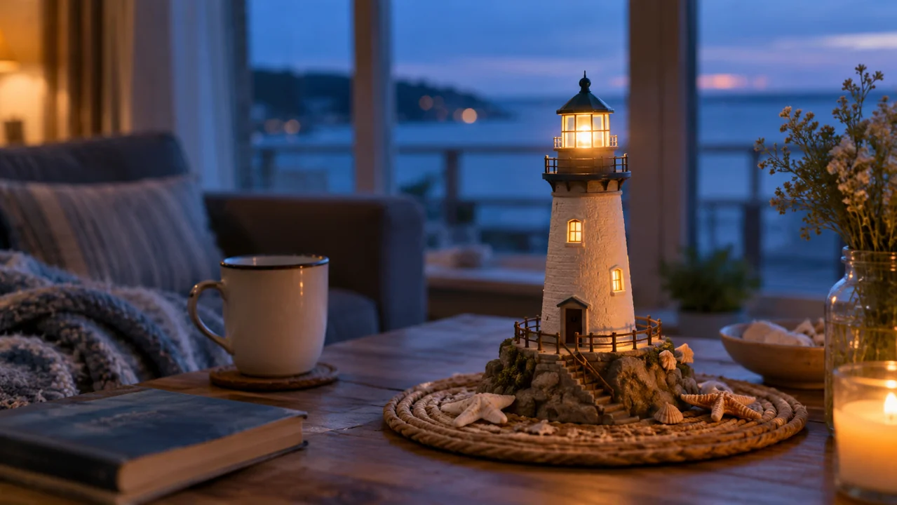 A miniature handcrafted coastal lighthouse glows on a table with soft blue evening light.