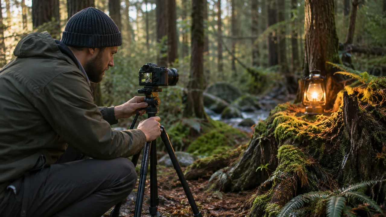 An adult filmmaker sets a tripod camera facing a small woodland scene with a warm lantern.