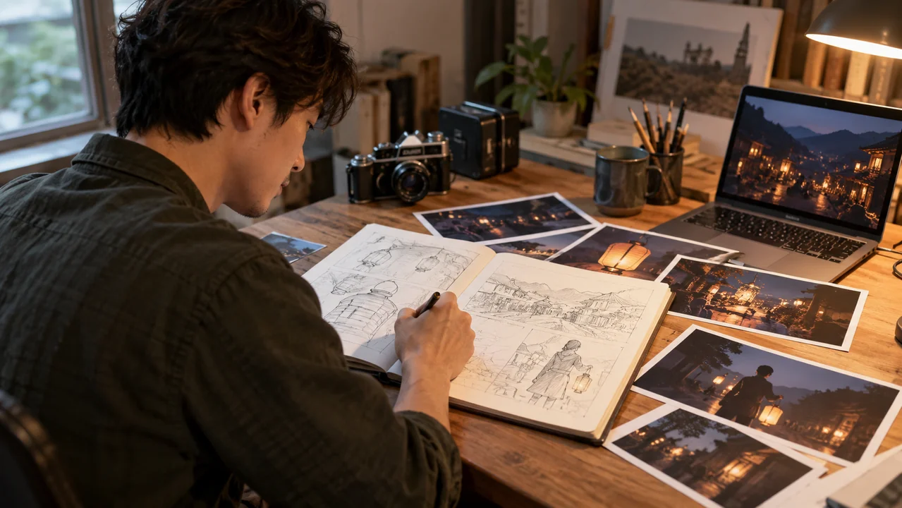 A filmmaker sketches a fictional village lantern story at a wooden desk with storyboard photographs.