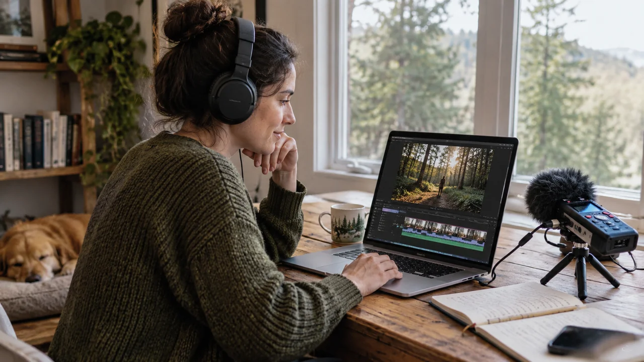 A creator with headphones reviews a woodland story clip on a laptop beside a portable audio recorder.
