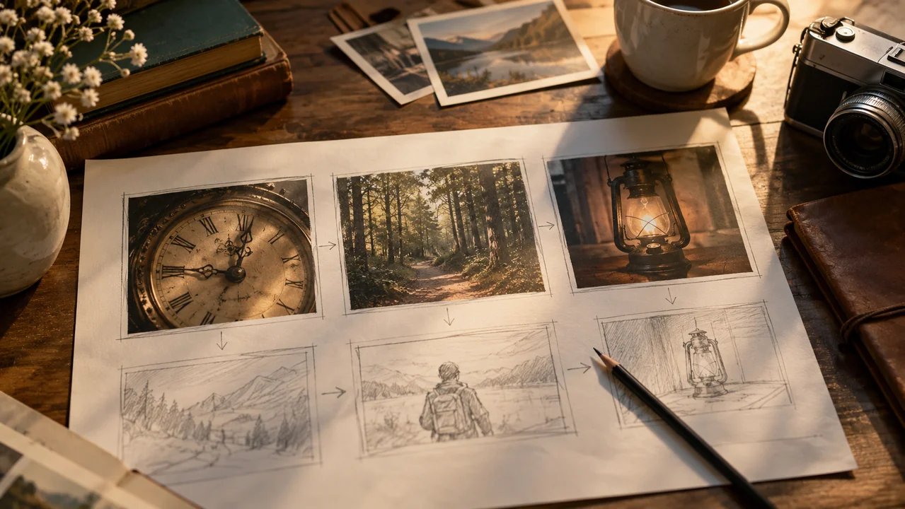 A paper storyboard with photographs of an old clock, woodland path, and lantern on a warm desk.