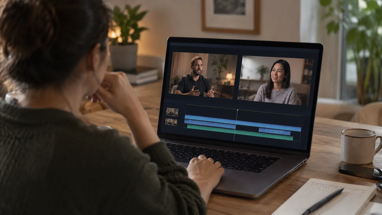 An adult editor examines two different interview frames on a laptop screen with a simple abstract timeline.
