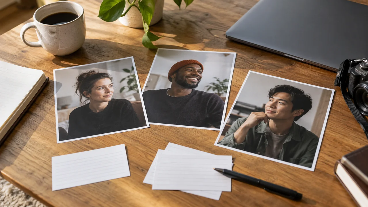 Three separate printed interview portraits with handwritten blank index cards on a wooden editing table.