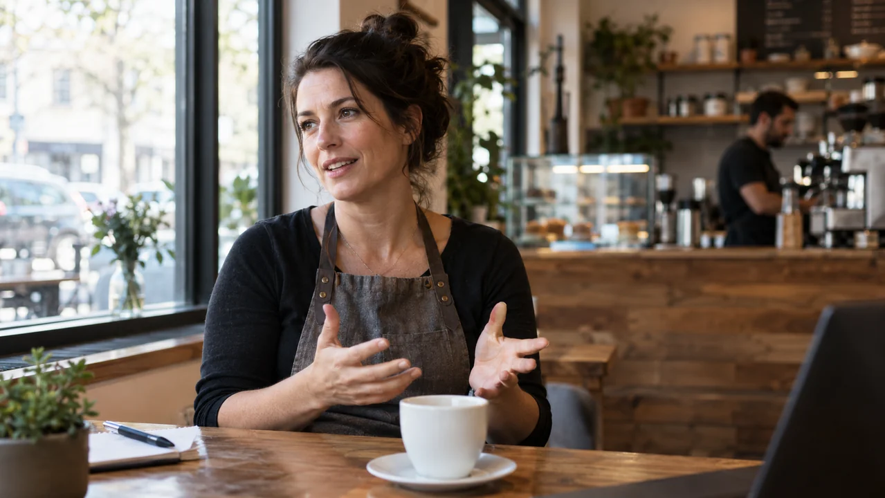 A cafe owner gestures naturally during a seated interview near a large window.