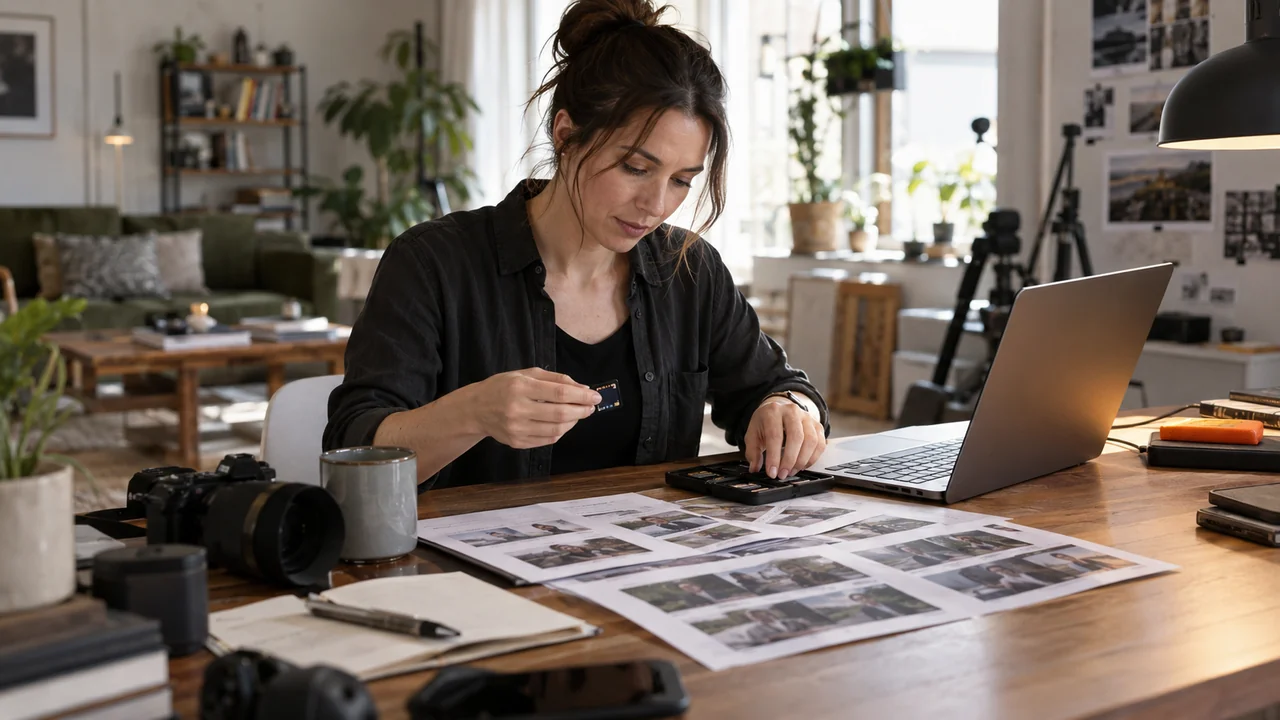 An adult editor organizes a memory card, storyboard prints and laptop for a short interview edit.