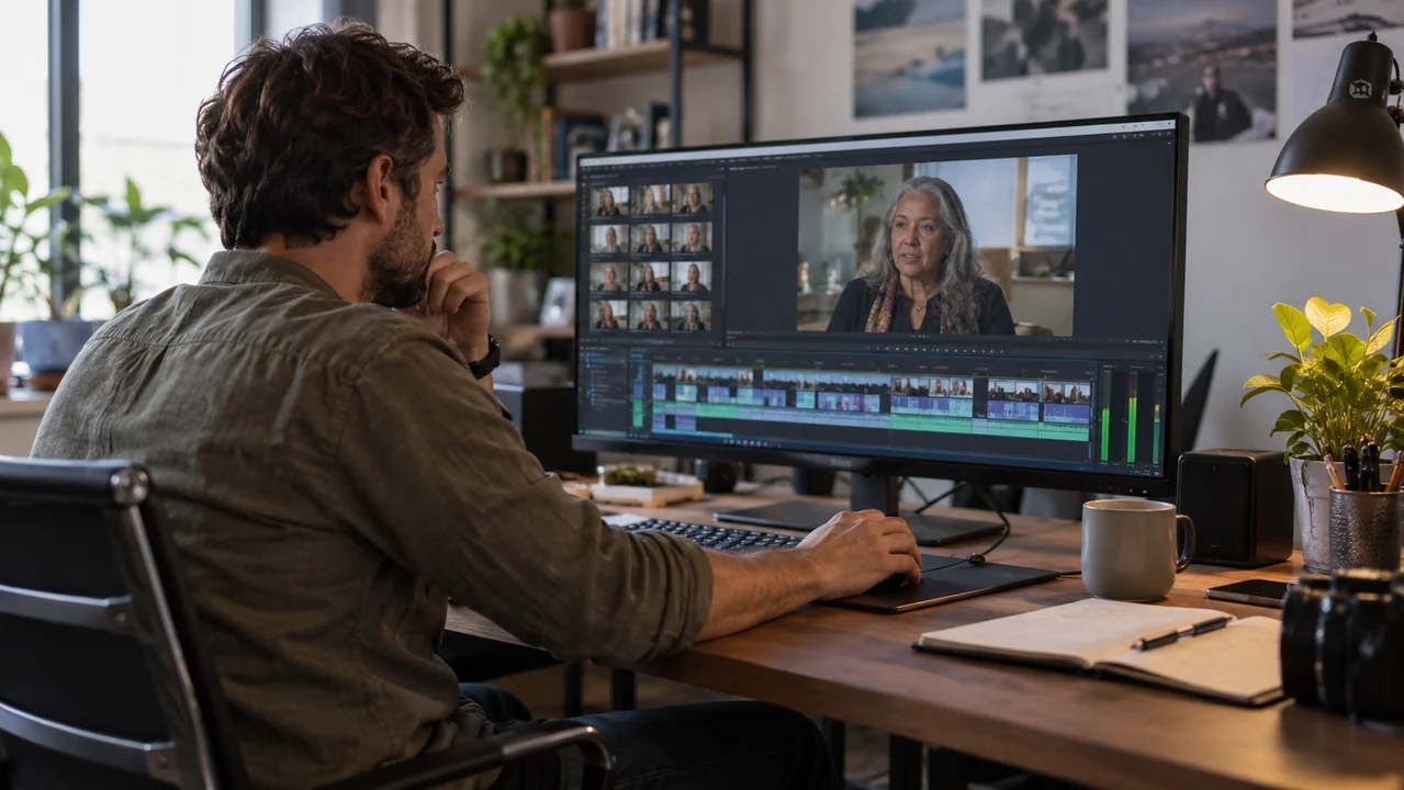 An adult documentary editor reviews interview footage and selects clips at a real editing desk.