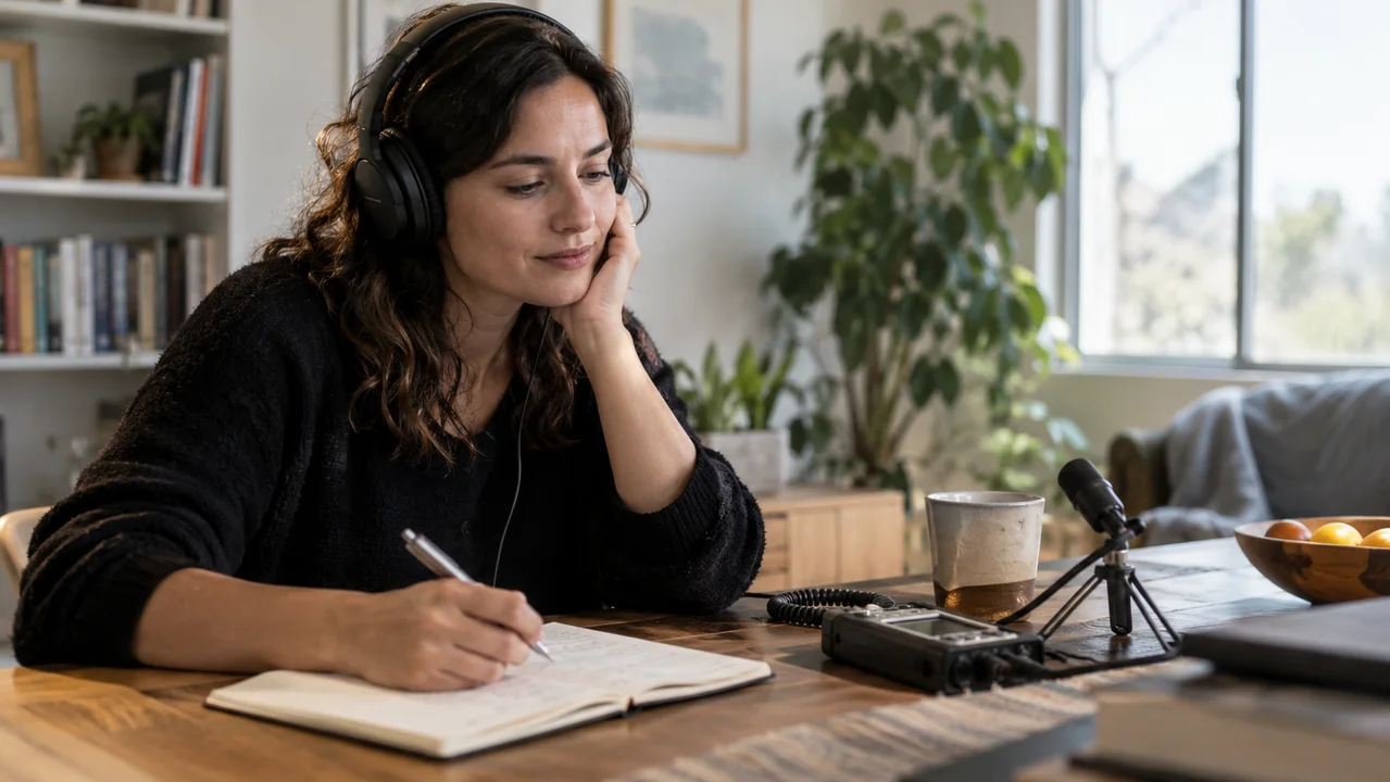 An editor listens to an interview with headphones beside a portable recorder and notebook.