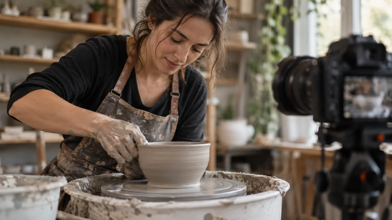 A fictional ceramic artist works at a pottery wheel while a camera records a close shot.
