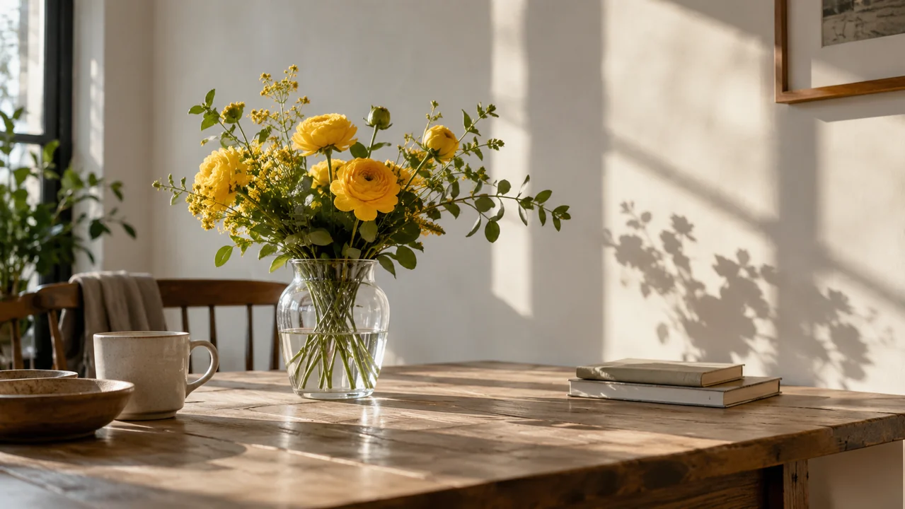 A still life of a glass vase with yellow flowers casting soft afternoon shadows on a pale wall.