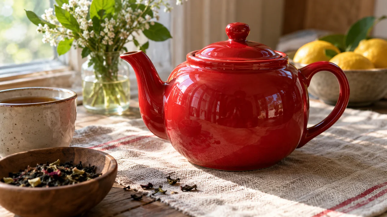 Close-up of a vivid red ceramic teapot on linen with window light, editorial product photograph.