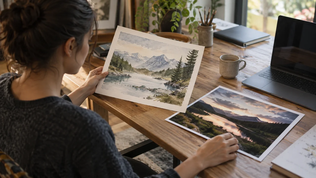 A designer compares a watercolor landscape print and a separate cinematic landscape photograph on a desk.