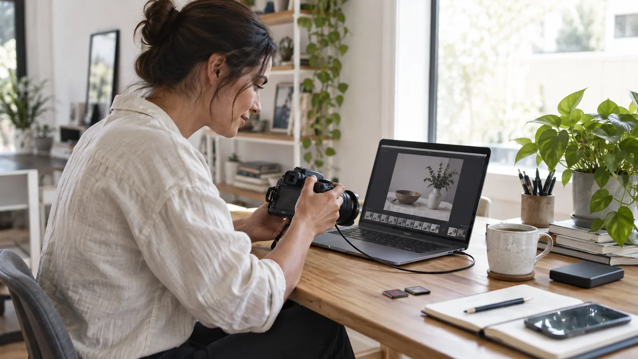 An adult creator uploads a still life photograph from a camera to a laptop in a tidy bright workspace.